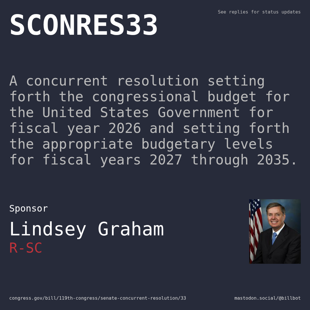 Description of SCONRES33, and a depiction of its sponsor, Lindsey Graham.