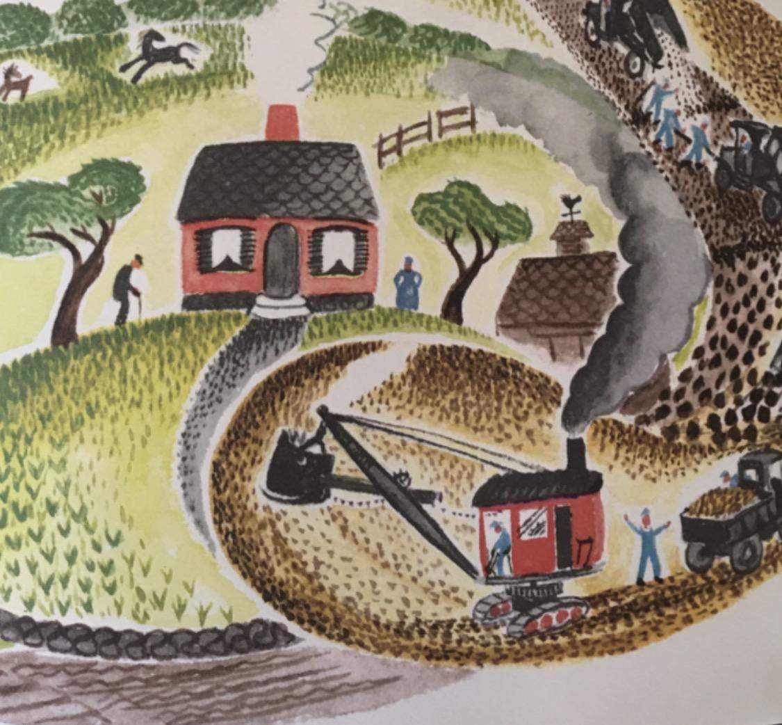 Illustration of an anthropomorphized house on a hill with a polluting and evil looking steam shovel preparingto tear everything up.