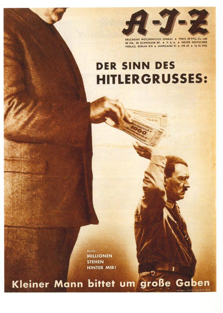 John Heartfield: "Der Sinn des Hitlergrußes - Millionen stehen hinter mir - Kleiner Mann bittet um große Spende."

In bräunlicher Farbe gestaltet..