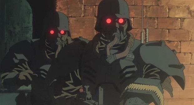 Jin-Roh Wolf Brigade soldiers with SS-like armor and large machine guns.