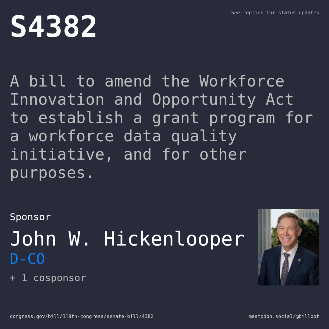 Description of S4382, and a depiction of its sponsor, John W. Hickenlooper.