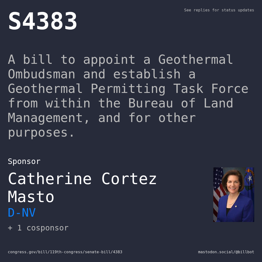 Description of S4383, and a depiction of its sponsor, Catherine Cortez Masto.