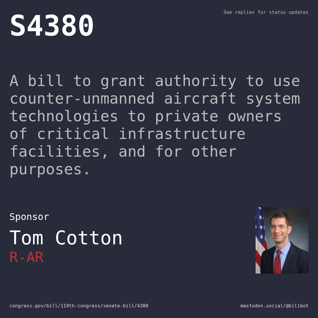 Description of S4380, and a depiction of its sponsor, Tom Cotton.