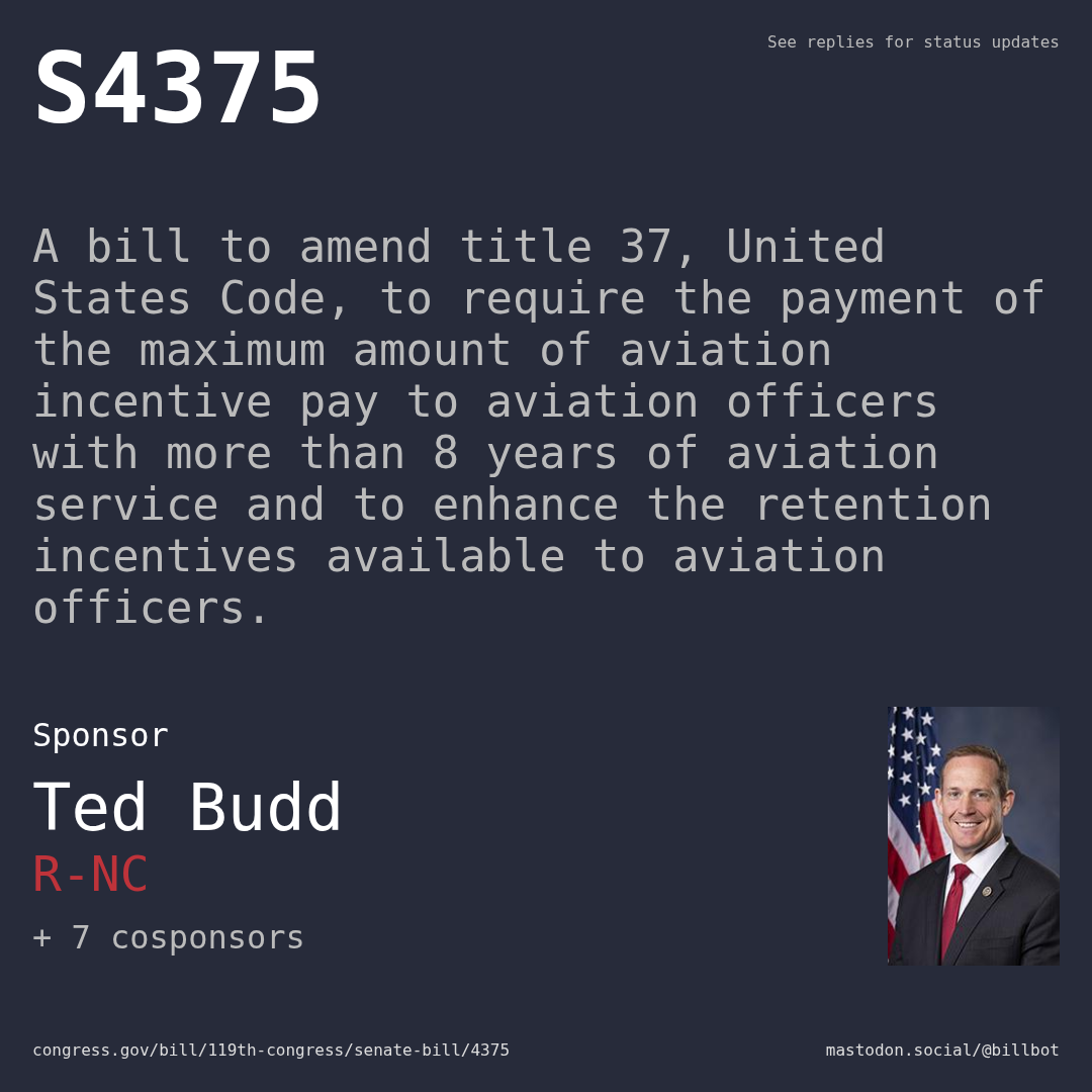 Description of S4375, and a depiction of its sponsor, Ted Budd.