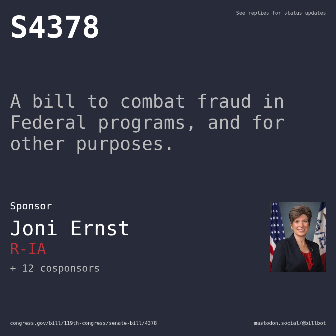 Description of S4378, and a depiction of its sponsor, Joni Ernst.