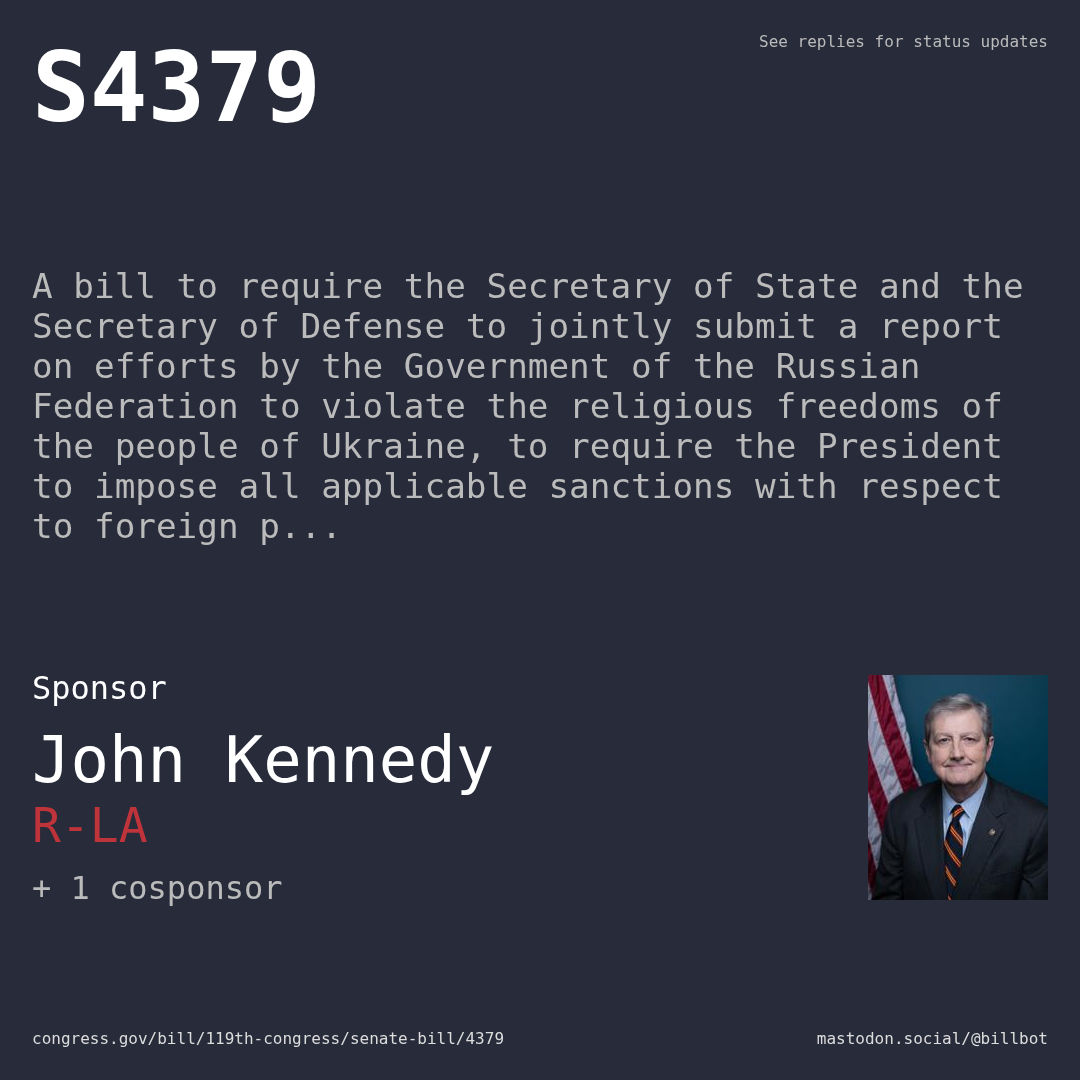 Description of S4379, and a depiction of its sponsor, John Kennedy.