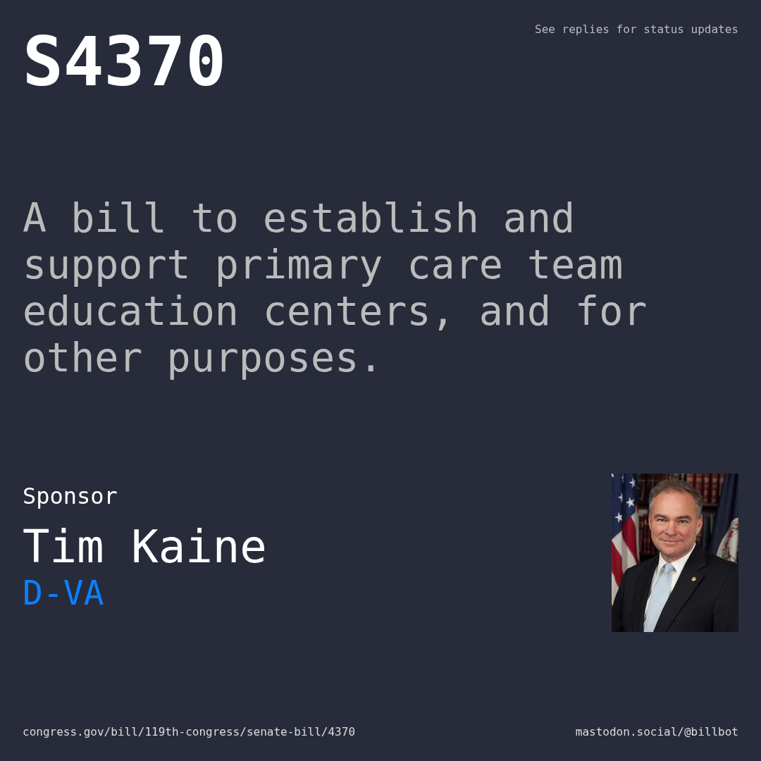 Description of S4370, and a depiction of its sponsor, Tim Kaine.
