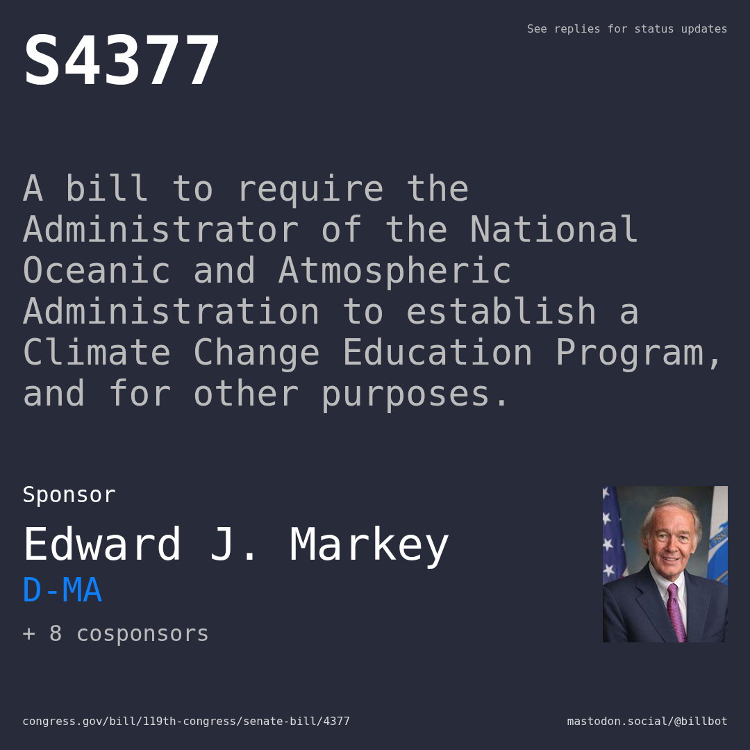 Description of S4377, and a depiction of its sponsor, Edward J. Markey.