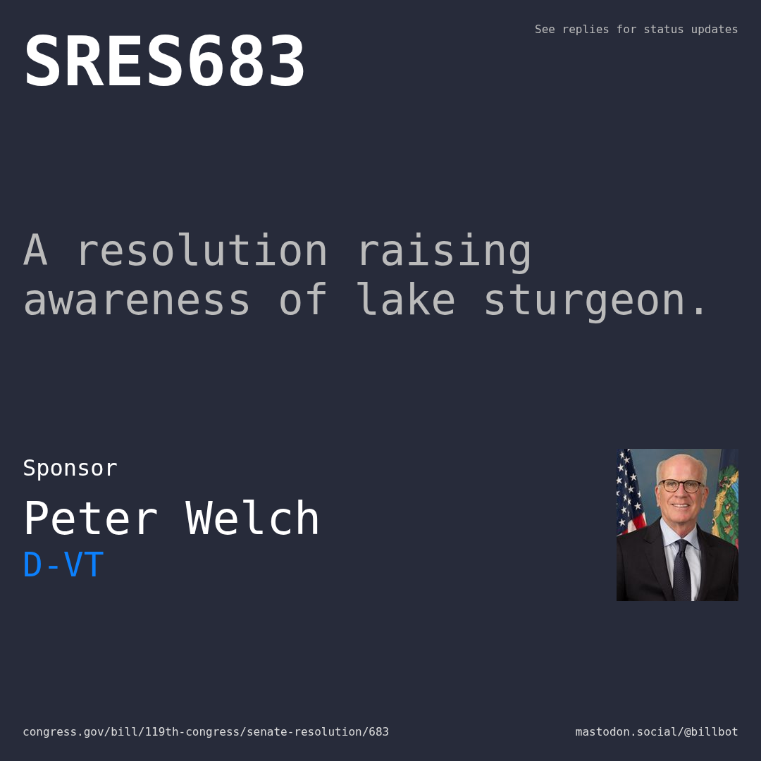 Description of SRES683, and a depiction of its sponsor, Peter Welch.