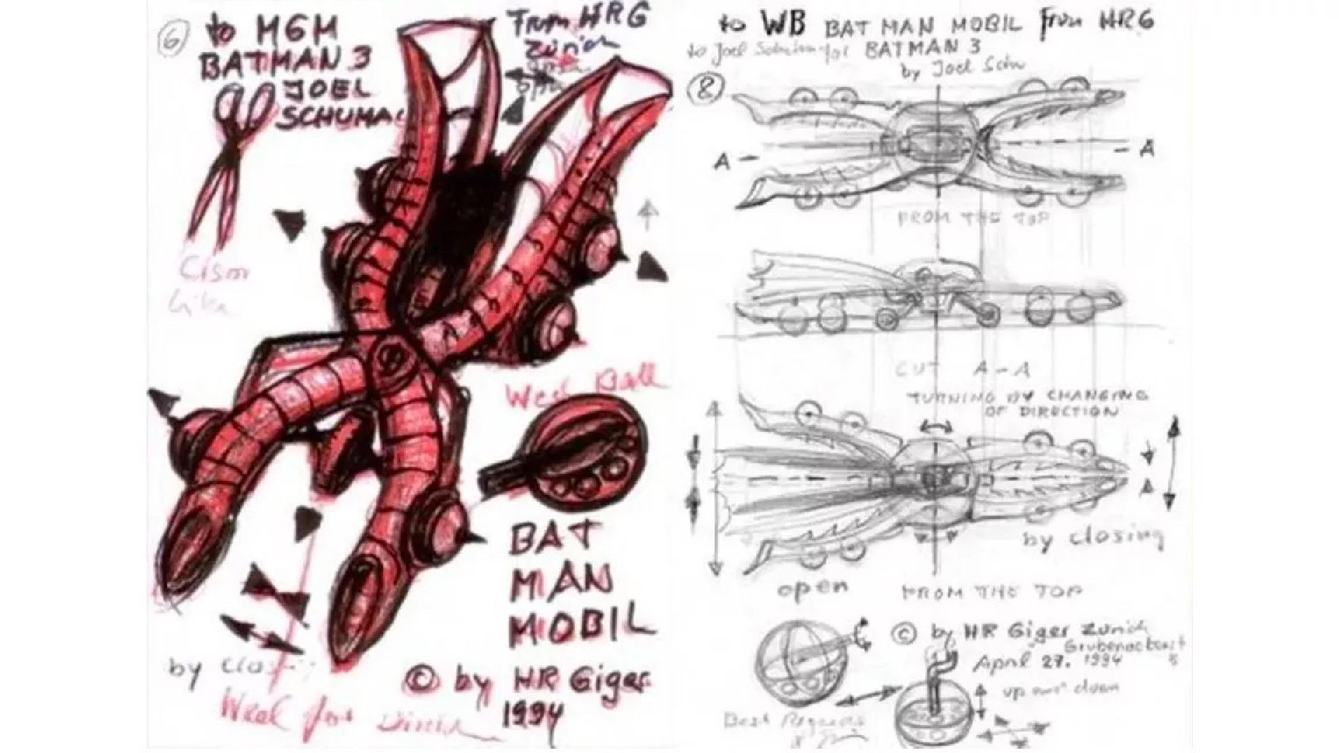 A more detailed sketch from Giger for his Batmobile concept art. He also drew a pair of scissors to show his Batmobile was inspired by the way scissors open and close. 