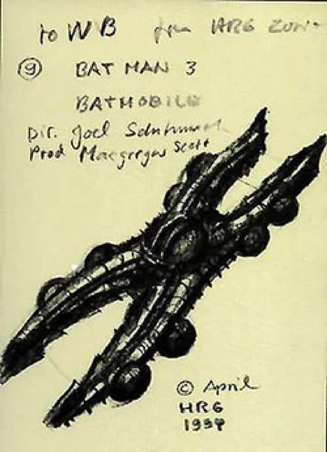 A black and white sketch by HR Giger of the Batmobile for 1995's Batman Forever. The car, as viewed from the top down, is in an X shape, with a biomechanical look to it. Similar in style to Giger's work on Alien. 