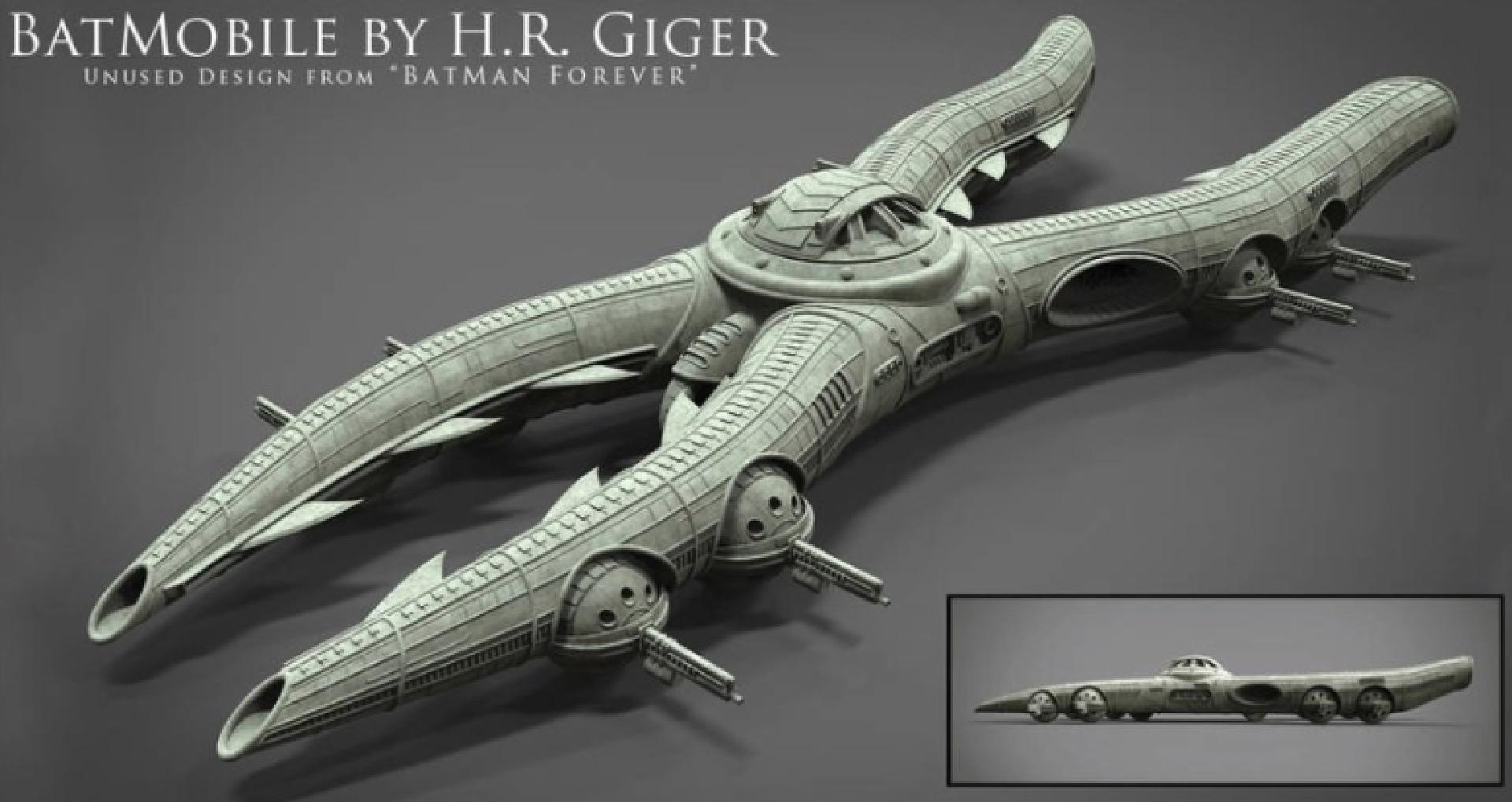A 3D rendered version of Giger's Batmobile. It is x-shaped, with tank turrets on the side. It still has a very similar aesthetic to the alien spaceships in Alien. 