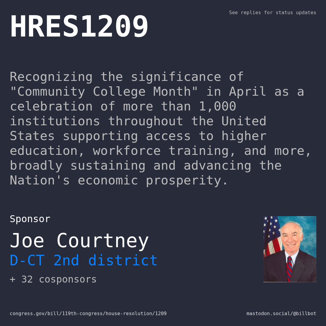 Description of HRES1209, and a depiction of its sponsor, Joe Courtney.