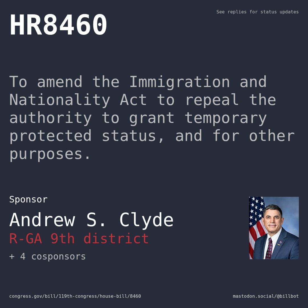 Description of HR8460, and a depiction of its sponsor, Andrew S. Clyde.