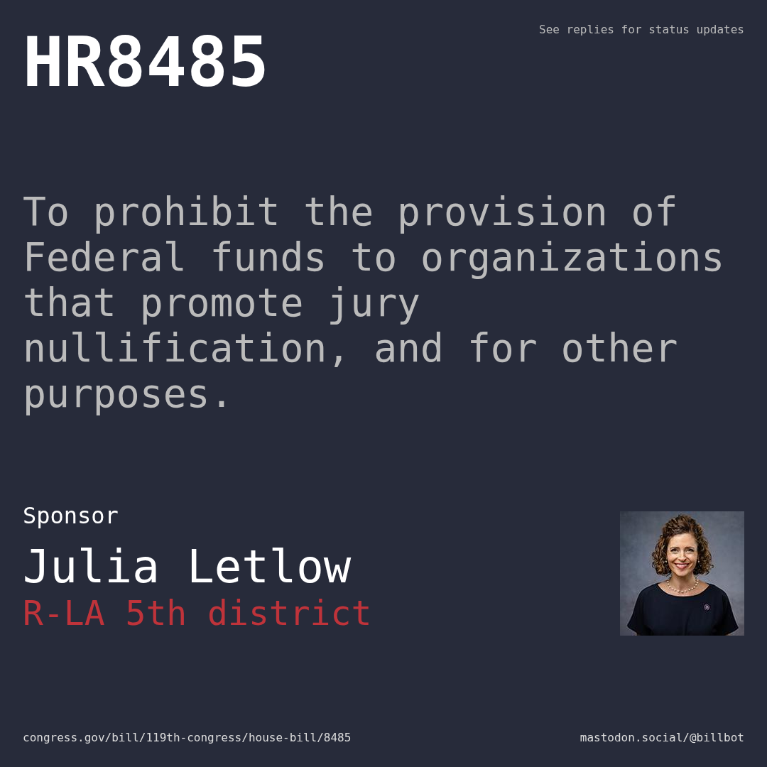 Description of HR8485, and a depiction of its sponsor, Julia Letlow.
