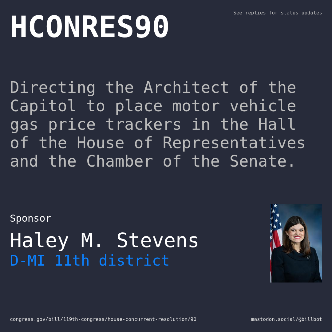 Description of HCONRES90, and a depiction of its sponsor, Haley M. Stevens.