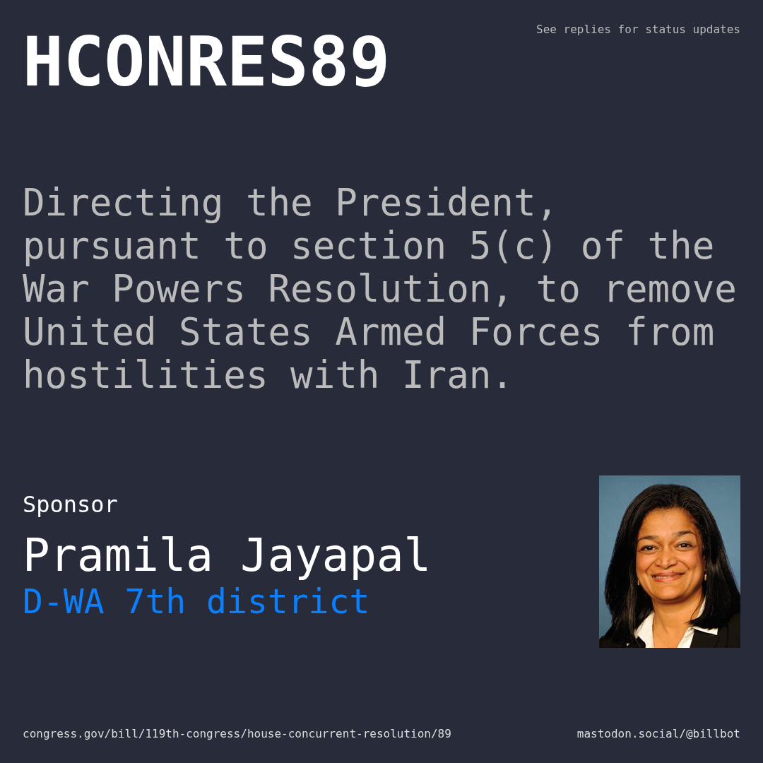 Description of HCONRES89, and a depiction of its sponsor, Pramila Jayapal.