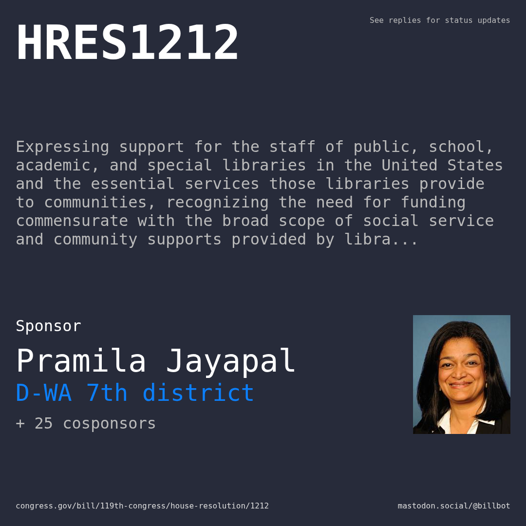 Description of HRES1212, and a depiction of its sponsor, Pramila Jayapal.