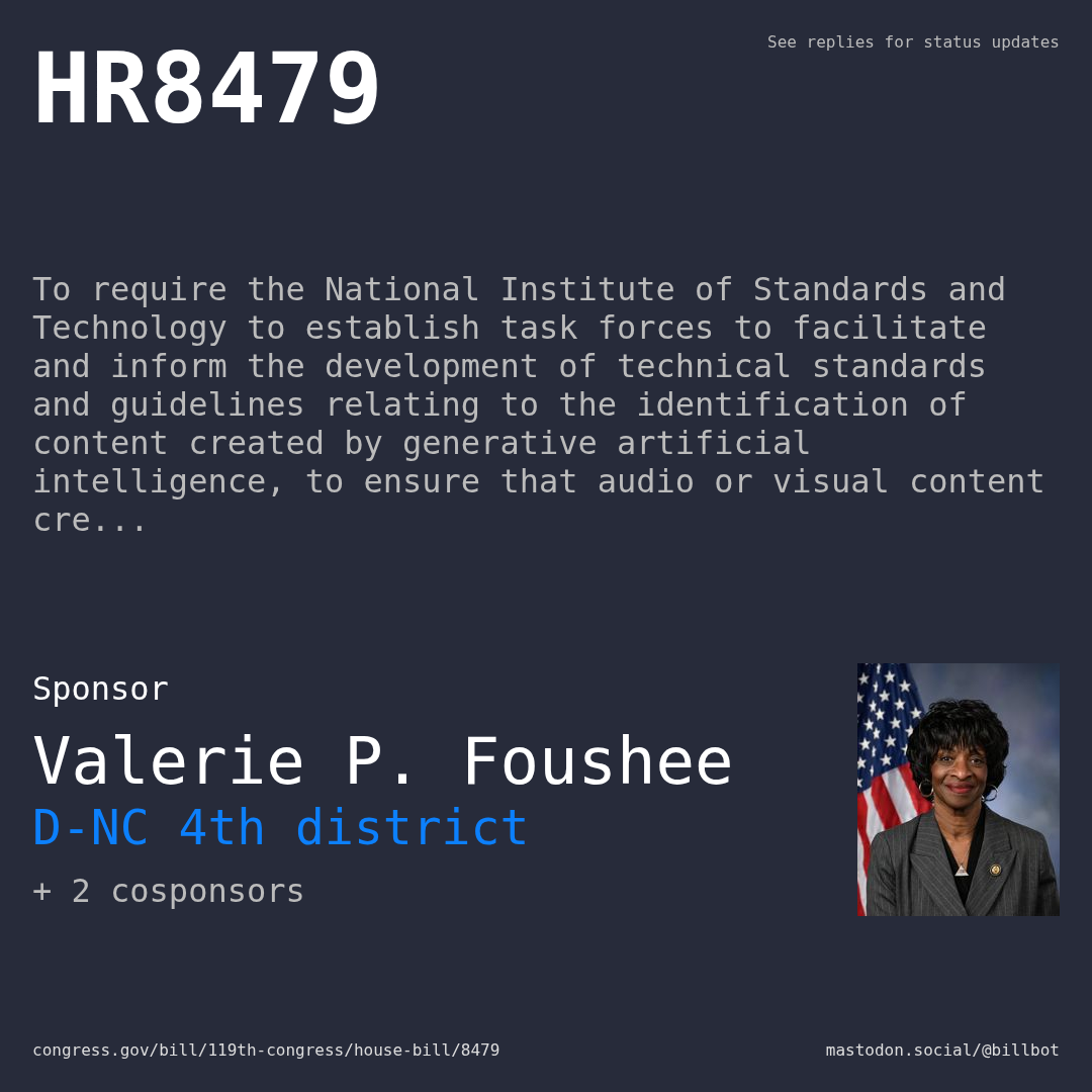 Description of HR8479, and a depiction of its sponsor, Valerie P. Foushee.