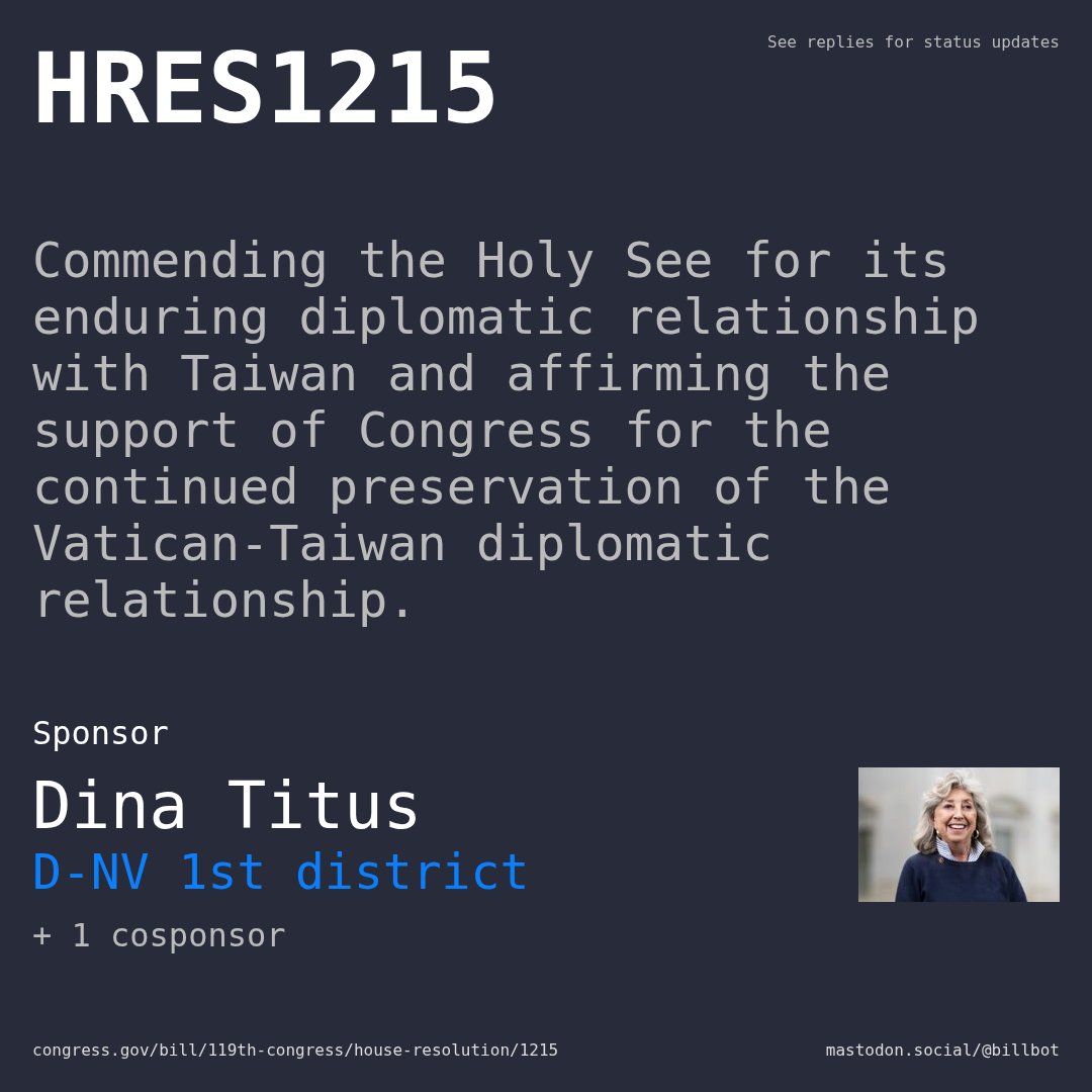 Description of HRES1215, and a depiction of its sponsor, Dina Titus.
