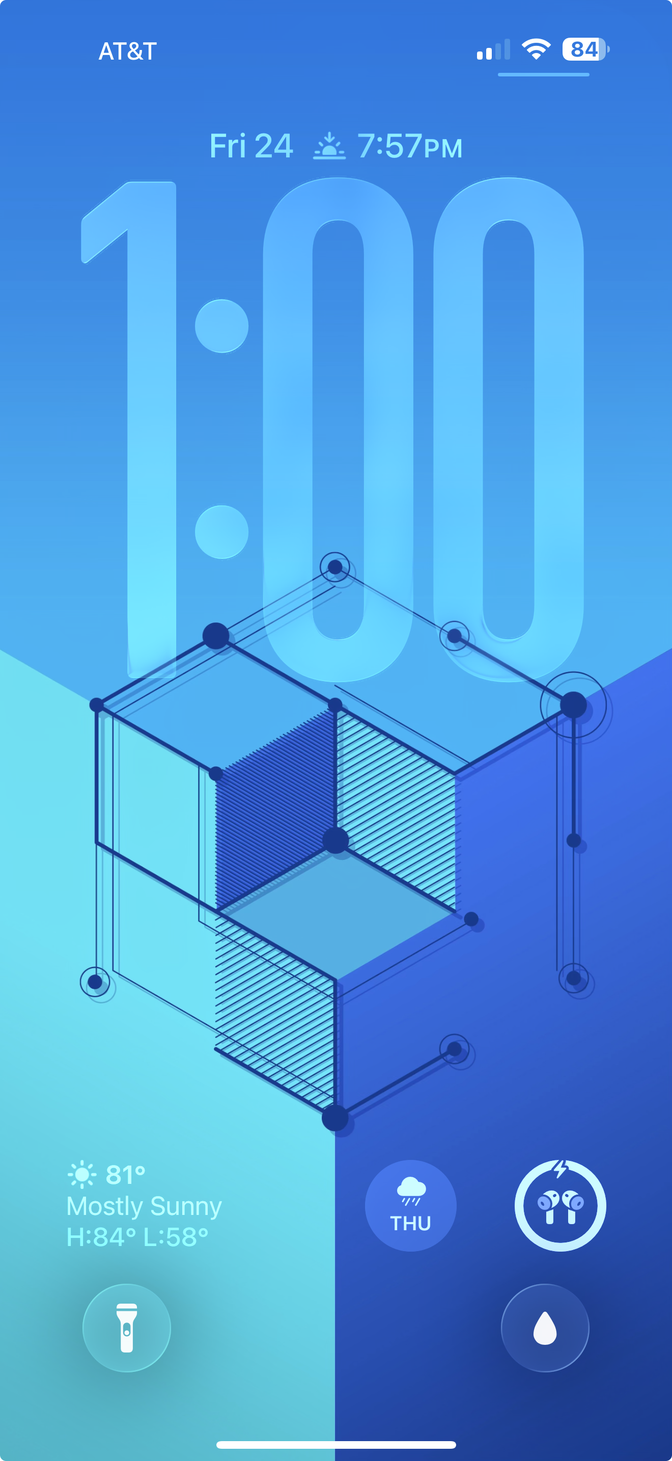 The blue variant of the latest wallpaper from Wallaroo app featuring geometric shapes that overlap the time when iOS Depth Effect is enabled.
