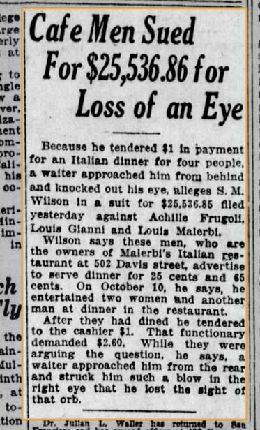 article from the San Francisco examiner in 1916 talking about the owners of a café being sued because a customer lost an eye.