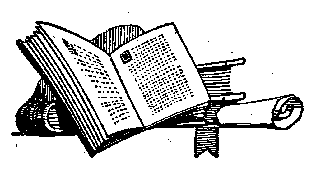 A black-and-white engraved ornament showing an open book with text-filled pages, resting against a stack of closed books, with a rolled scroll lying in front. A classic decorative vignette typical of 19th-century printing.