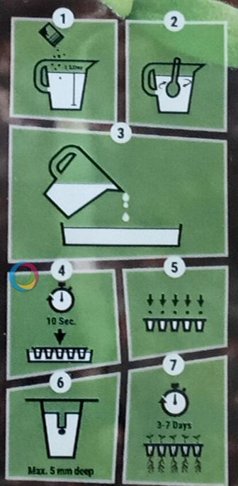 Eine Serie von sieben nummerierten Diagrammen auf grünem Hintergrund stellt eine schrittweise Anleitung dar. In den ersten Schritten wird ein Sä Säckchen in einen Messbecher mit der Aufschrift „1L“ geleert, umgerührt und in eine flache Schale gegossen. Schritt 4 zeigt ein Stoppuhr-Symbol mit dem Text „10 Sec.“ über einer Schale mit Samen, während Schritt 5 Pfeile zeigt, die auf die Samen deuten. Schritt 6 zeigt das Ausgießen einer Flüssigkeit in die Schale mit dem Text „Max. 5 mm deep“. Schritt…