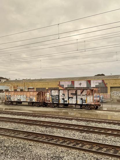 Old train car with lots of graffiti on the side of the track