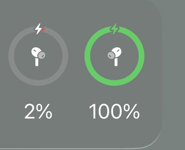 Screenshot of battery life for two separate AirPods. One is charged at 2% and the other 100%