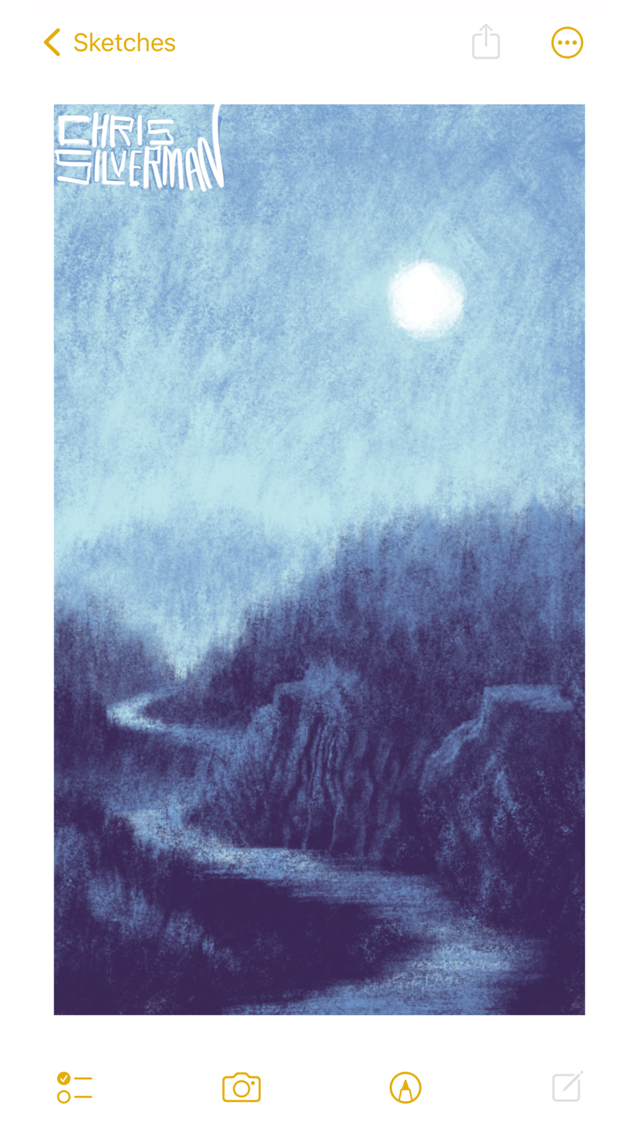 A river winds through a heavily wooded landscape. On the right side of the river are rocky cliffs. In the top right of the sky is a white moon. This is a predominantly blue painting, signed "Chris Silverman".