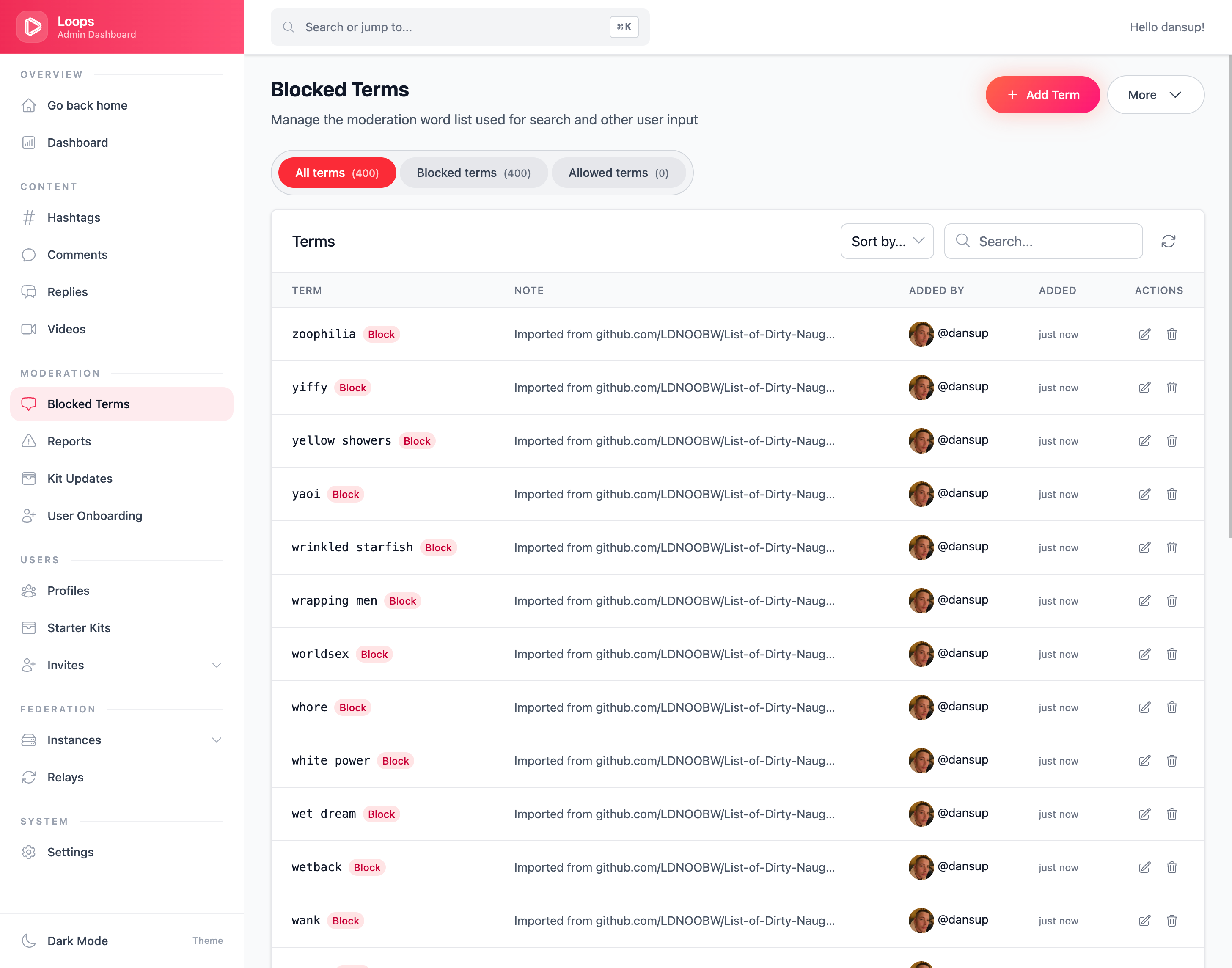 New Loops Blocked Terms admin feature, allowing admins to block specific terms across search and more