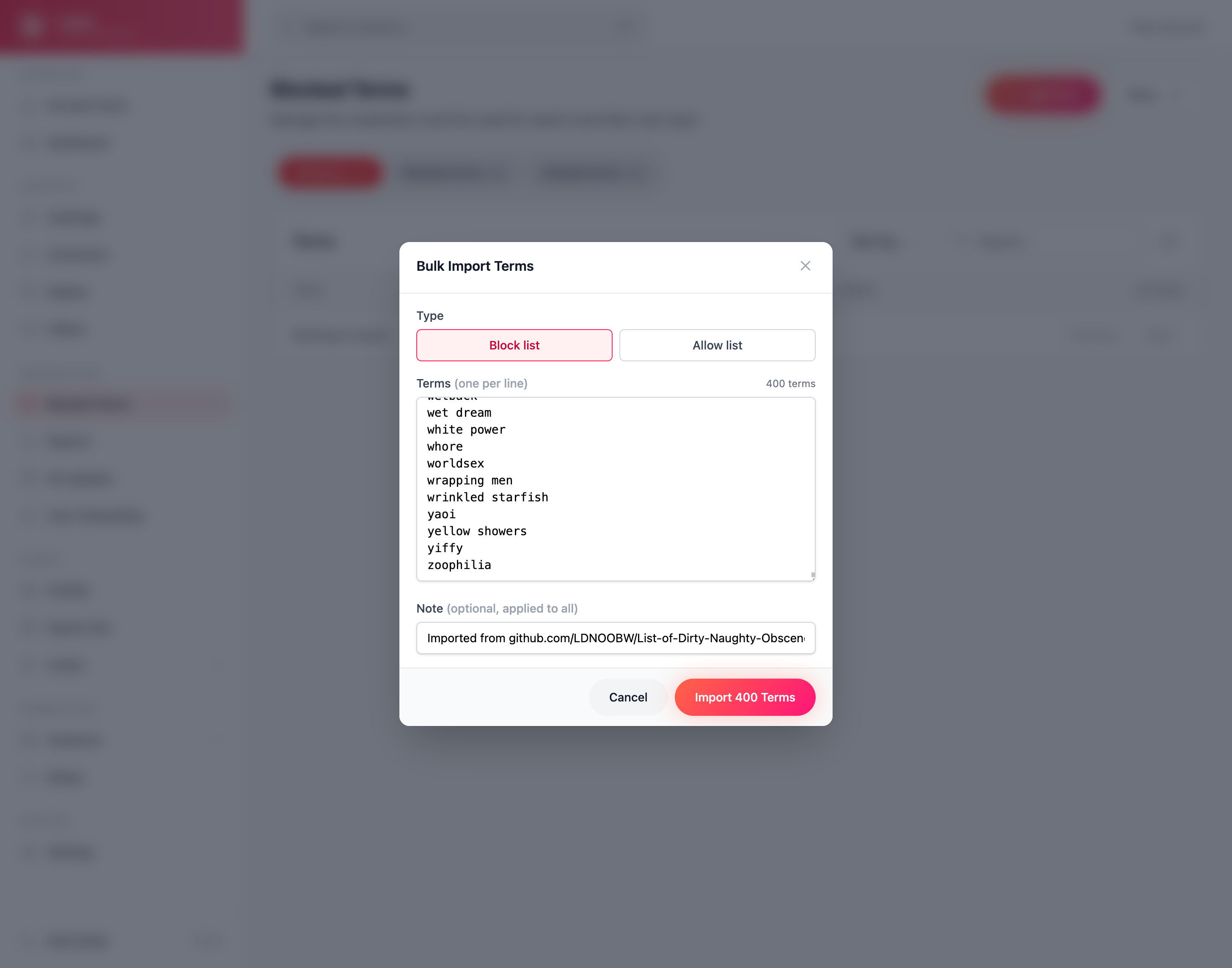 New Loops Blocked Terms admin feature, with easy import functionality to bulk import blocked or allowed terms