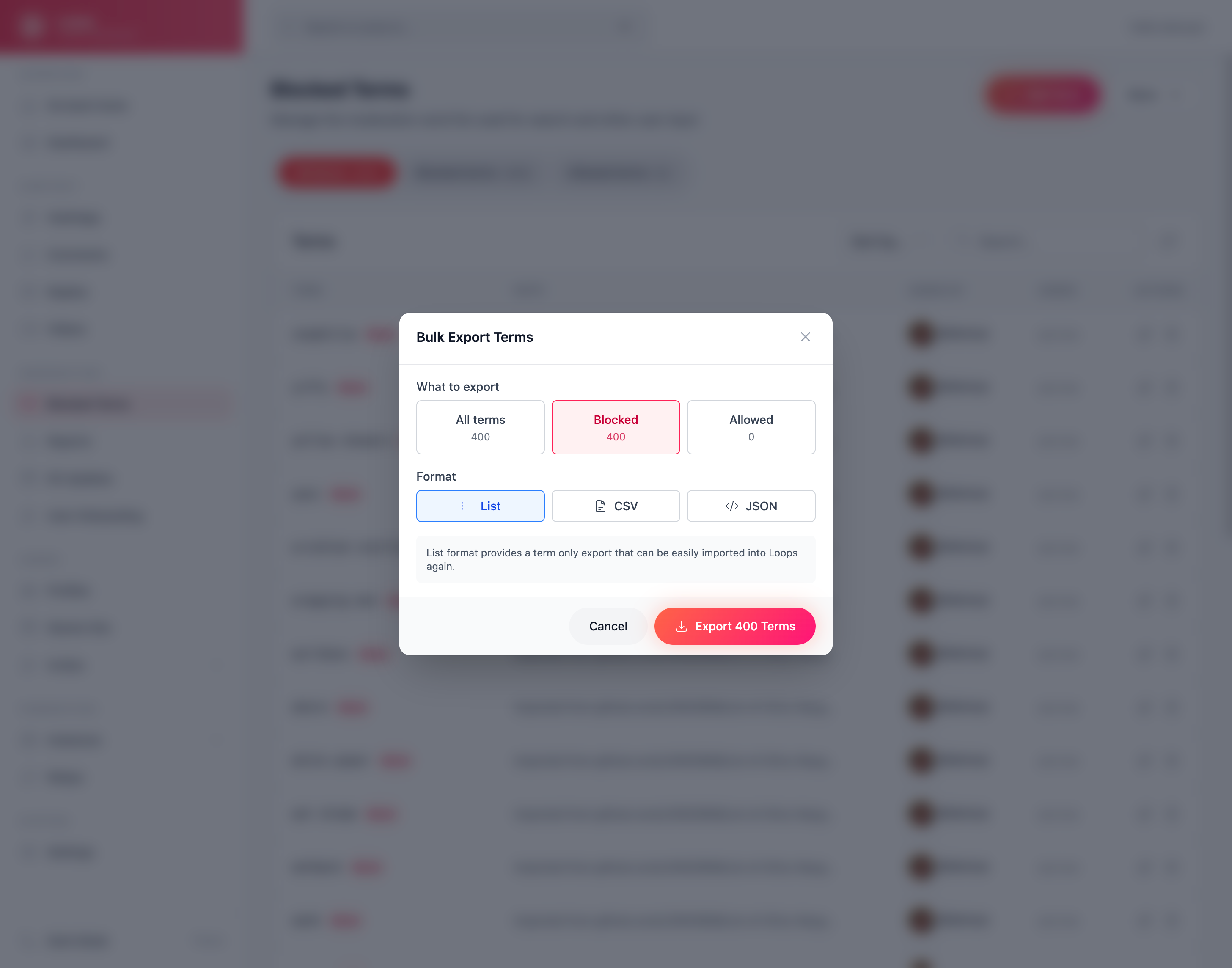 New Loops Blocked Terms admin feature, with easy export to share or backup terms