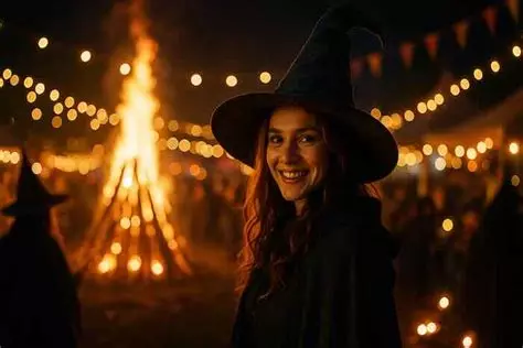 Photo of a young witch smiling for the camera in front of a fire and a crowd of witches in the background.