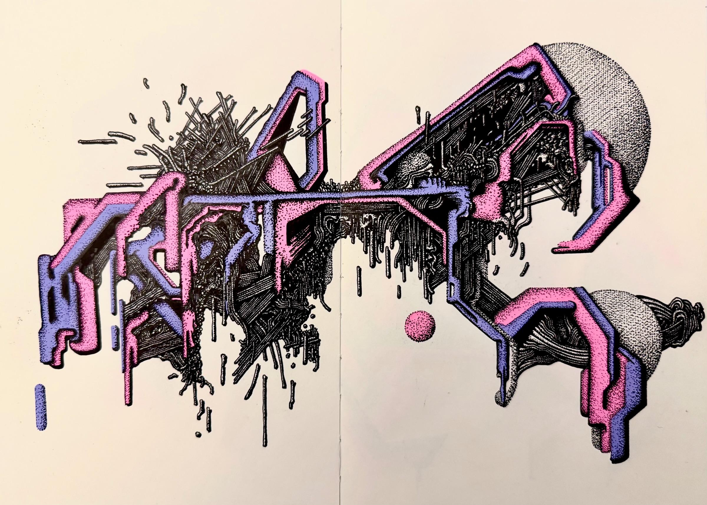 An abstract illustration spanning two pages of an open notebook. A bright pastel pink and purple structure is held together by black and white, dripping organic musculature and tendons.
