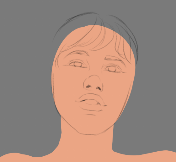 A work-in-progress. We see a vague peach-coloured silhouette of a head and shoulders, and the beginnings of a sketch of Lusty's face and hair.