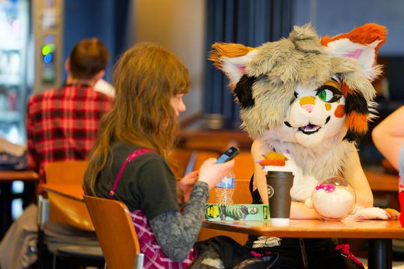 Purson in orange and white cat fursuit makes conversation across tables at food court