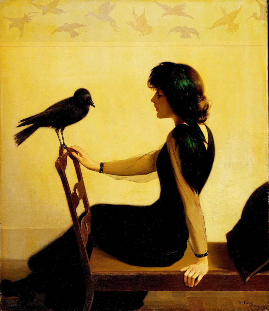 An oil painting of a woman in profile sitting on a wooden chair against a warm yellow wall. She wears a black dress with sheer sleeves and dark green feathers in her hair and on her shoulder. A large black crow is perched on the back of her chair, looking at her. A faint border of birds in flight decorates the top of the wall.