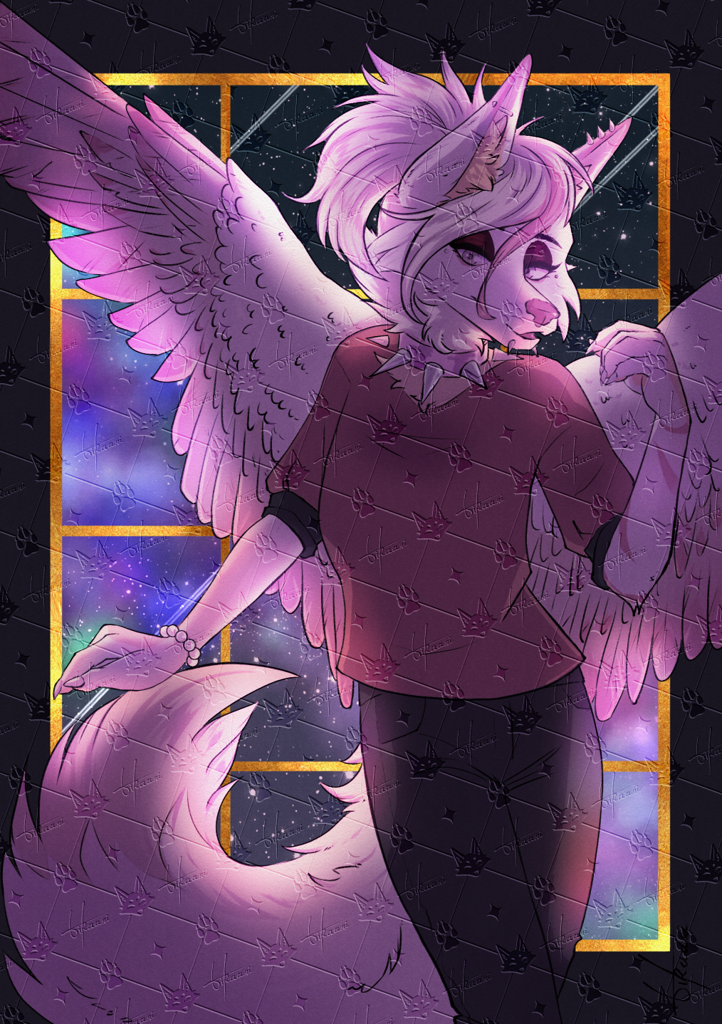 This digital illustration features a knee-up portrait of a pink-toned anthropomorphic wolf character with large, feathered wings. The character has long, flowing hair tied in a ponytail and wears a reddish-brown t-shirt with a spiked collar, paired with dark leggings. Their expression is calm, with a slight gaze directed to the side, and a large, bushy tail curls forward toward the viewer. The background depicts a starry purple and blue nebula seen through a golden-framed window. The entire image is covered by a subtle, repeating watermark pattern of **stylized wolf heads** and paw prints. In the bottom right corner, the artist’s signature, "**Tikaani**," is written in a dark, flowing script.