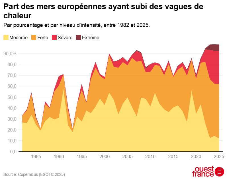 Part des mers européennes ayant subi des vagues de
chaleur
Par pourcentage et par niveau d'intensité, entre 1982 et 2025.
Modérée [| Forte [ll Sévere [Ml Extreme
90,0%
80,0
70,0
60,0
50,0
40,0
30,0
20,0
10,0
00
1985 1990 1995 2000 2005 2010 2015 2020 2025
Source: Copernicus (ESOTC 2025) es)