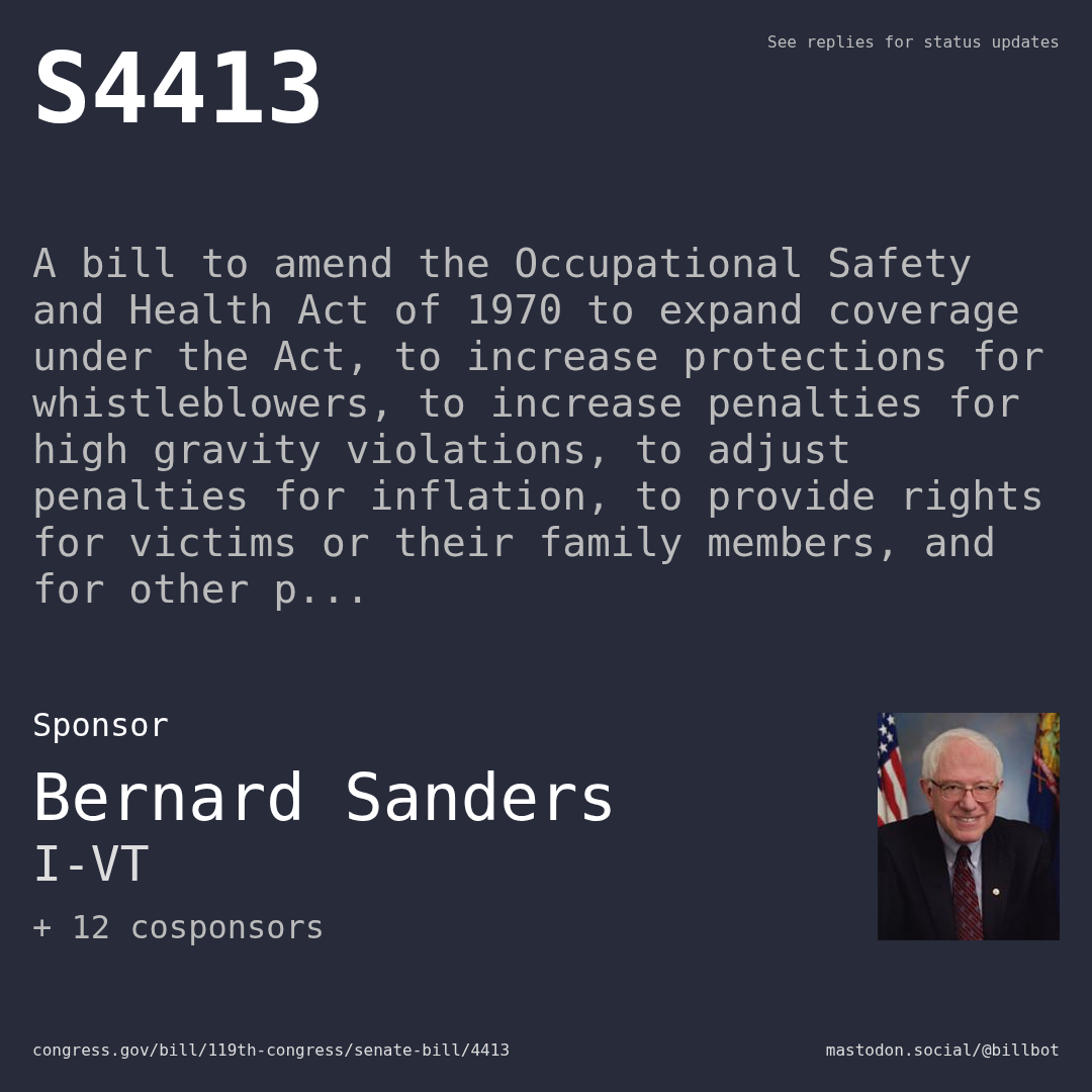 Description of S4413, and a depiction of its sponsor, Bernard Sanders.