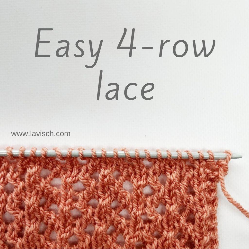 A swatch in salmon pink yarn on a knitting needle, showing the easy 4-row lace pattern.