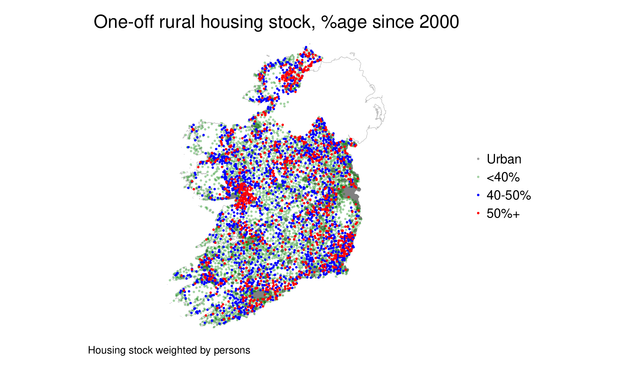 Map of Ireland showing rural census small areas marked by population living in recent housing stock: really significant ultra-low-density suburbanisation, worst perhaps in east Galway