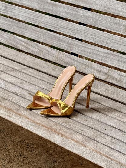 A pair of gold high-heeled mules with pointed toes and a snake-skin pattern sit on a wooden bench in a park in Arlington.