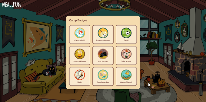 A “Camp Badges” game screen overlay in a cozy cabin, showing nine badge icons and a black cat lounging on a couch in the background.