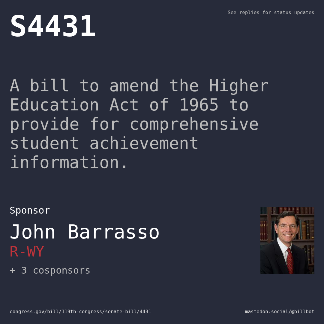 Description of S4431, and a depiction of its sponsor, John Barrasso.