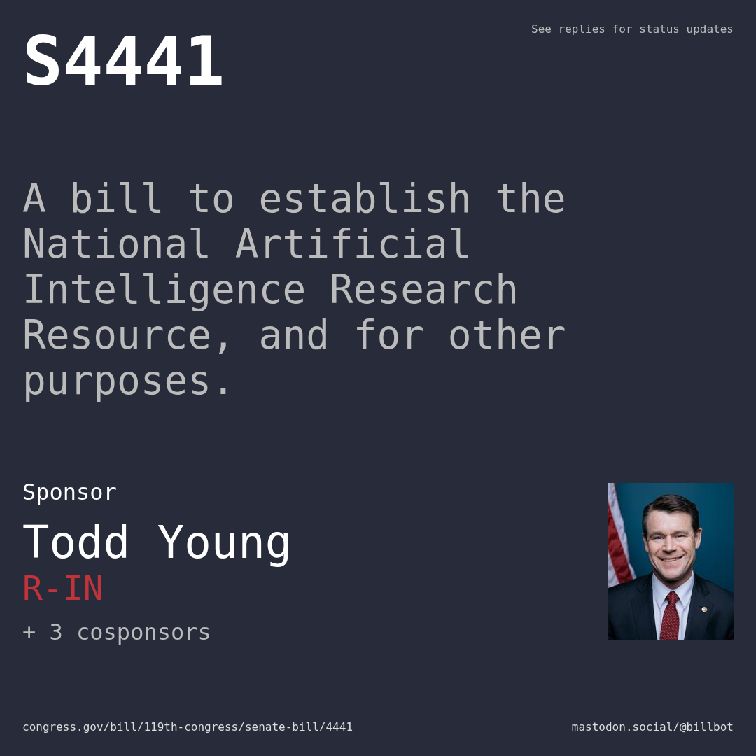 Description of S4441, and a depiction of its sponsor, Todd Young.