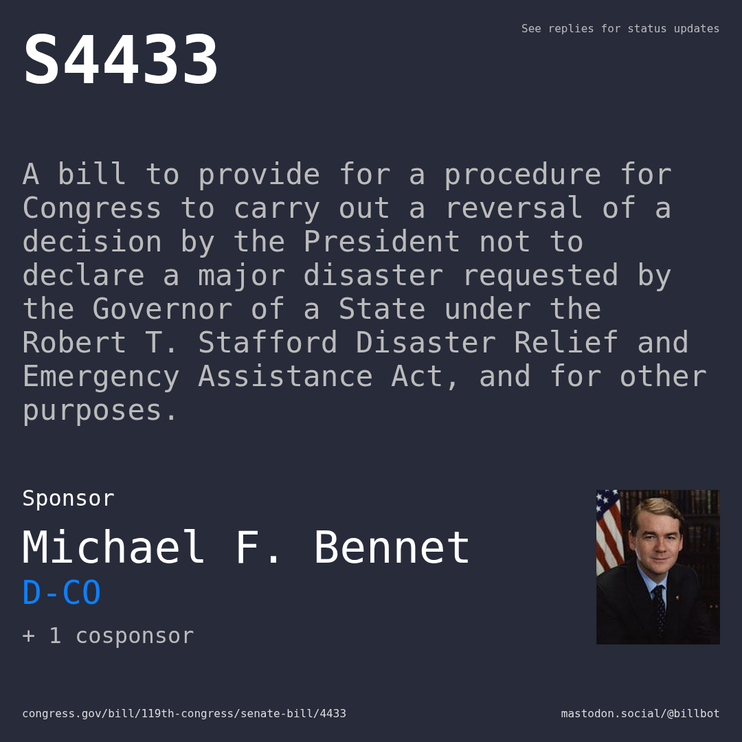 Description of S4433, and a depiction of its sponsor, Michael F. Bennet.