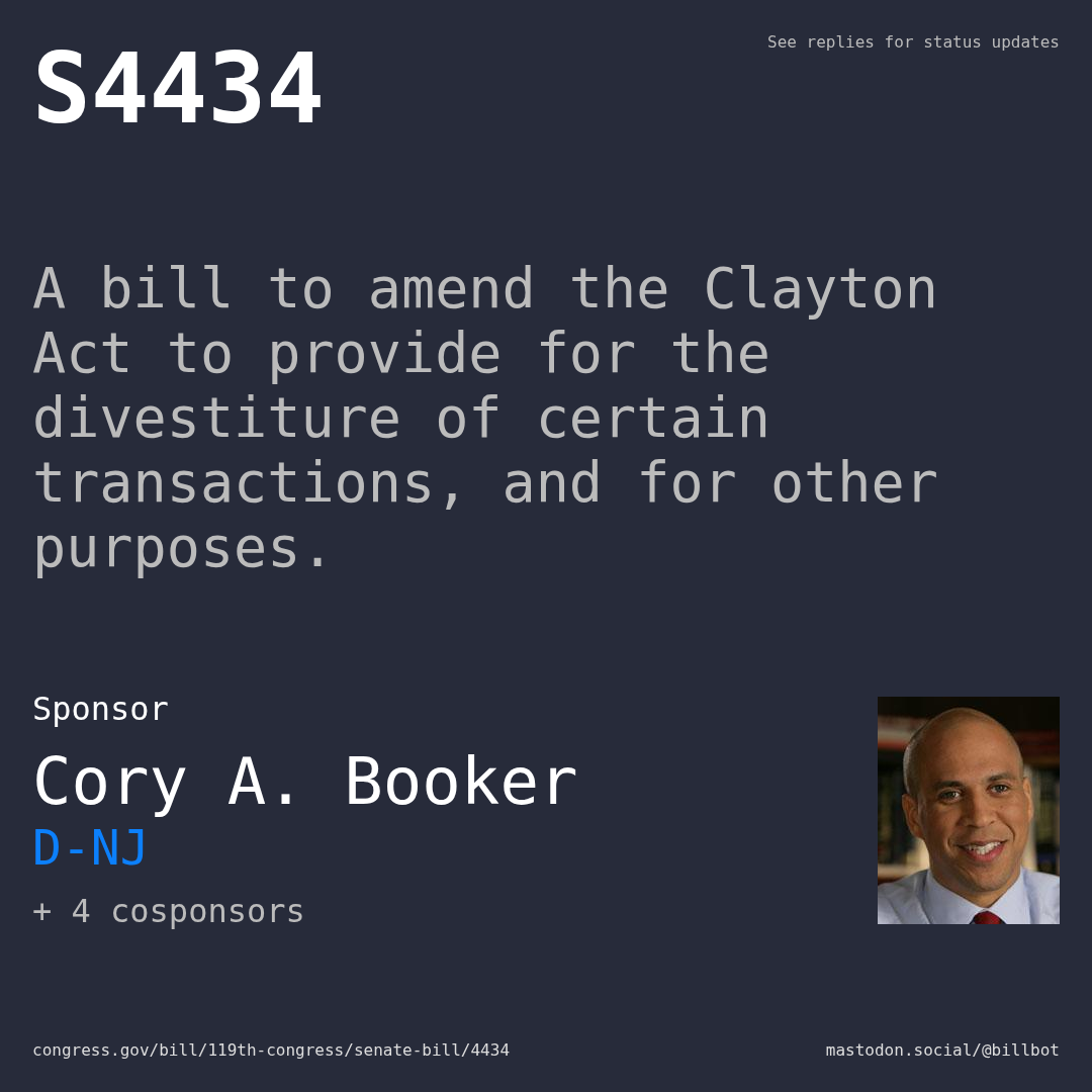 Description of S4434, and a depiction of its sponsor, Cory A. Booker.